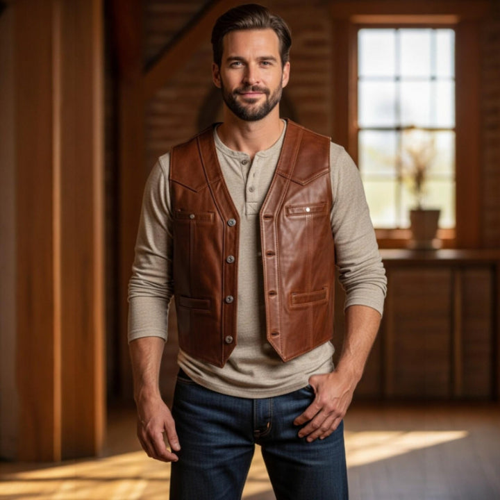 Handmade Leather Cowboy Vest for Men | Classic Western Waistcoat 