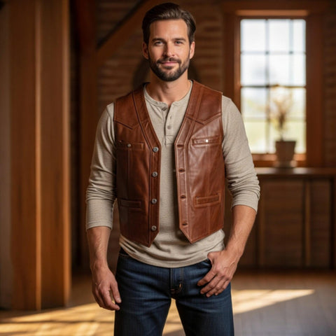 Handmade Leather Cowboy Vest for Men | Classic Western Waistcoat 