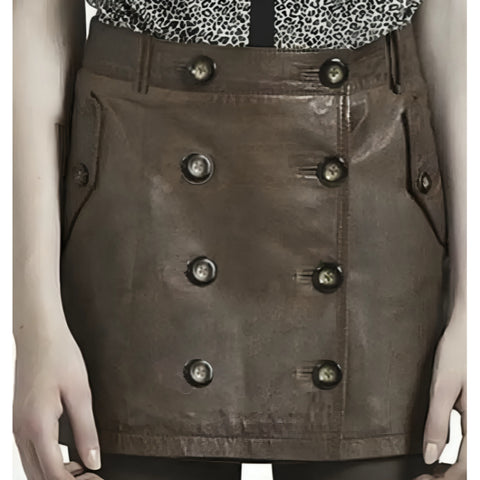 High-Waisted Brown Leather Mini Skirt – Double-Breasted Buttons