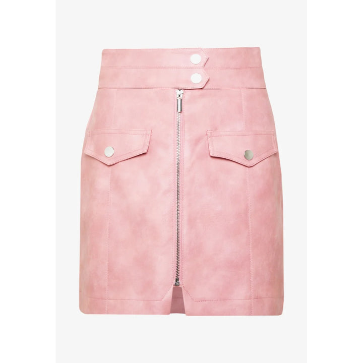 High-Waisted Leather Mini Skirt – Front Zipper & Flap Pockets