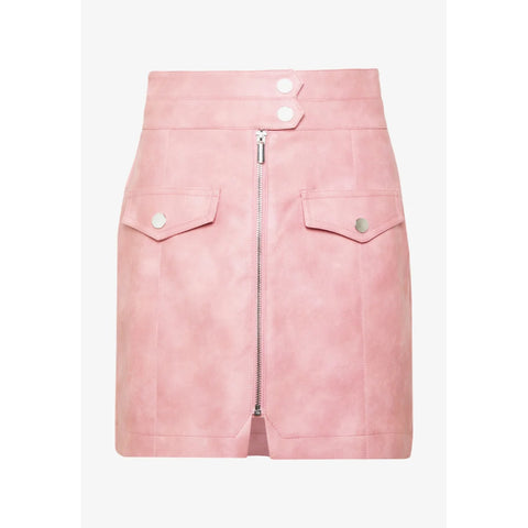 High-Waisted Leather Mini Skirt – Front Zipper & Flap Pockets