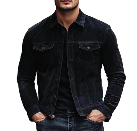 Men’s Black Suede Trucker Jacket | Genuine Suede Leather | Luxury Tailored Button-Up Outerwear | Classic Soft Fall Fashion