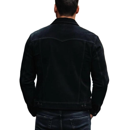 Men’s Black Suede Trucker Jacket | Genuine Suede Leather | Luxury Tailored Button-Up Outerwear | Classic Soft Fall Fashion