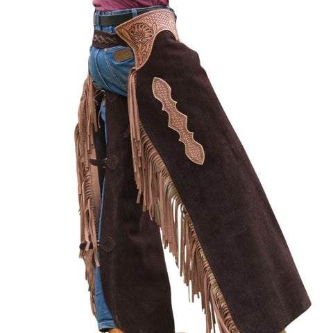 Premium Smooth-Out Leather Western Chaps – Tooled Cowboy Riding Chaps with Fringe
