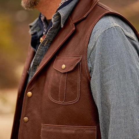 Men’s Genuine Cowhide Leather Waistcoat | Vintage Western Vest | Handmade Sleeveless Cowboy Jacket