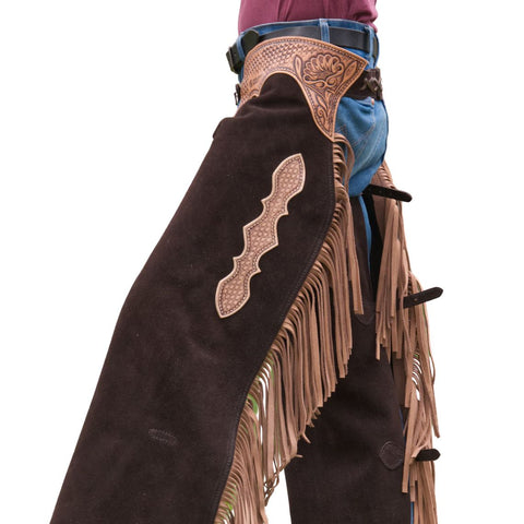 Premium Smooth-Out Leather Western Chaps – Tooled Cowboy Riding Chaps with Fringe