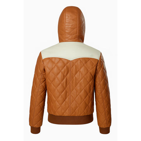 Men Leather Puffer Jacket – Quilted Brown Hooded Winter Leather Coat