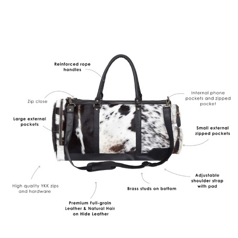 Trending Black & White Cowhide Duffle Bag | Men's Weekender Holdall