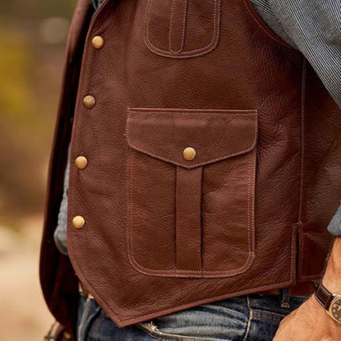 Men’s Genuine Cowhide Leather Waistcoat | Vintage Western Vest | Handmade Sleeveless Cowboy Jacket