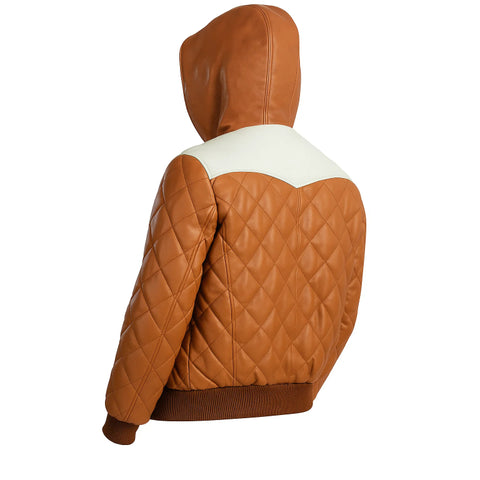 Men Leather Puffer Jacket – Quilted Brown Hooded Winter Leather Coat