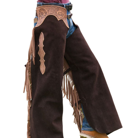 Premium Smooth-Out Leather Western Chaps – Tooled Cowboy Riding Chaps with Fringe