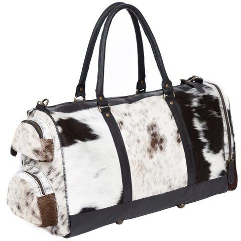 Trending Black & White Cowhide Duffle Bag | Men's Weekender Holdall