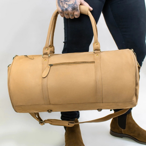Men’s Tan Suede Leather Duffle Bag – Vintage Weekender Holdall