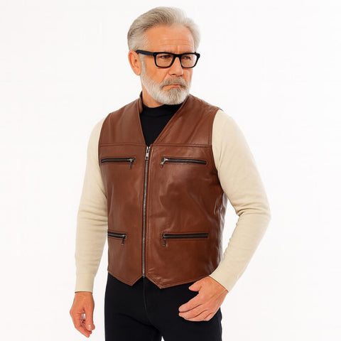 Men’s Handmade Brown Leather Vest – Western Cowboy Biker Waistcoat | Genuine Leather Sleeveless Jacket
