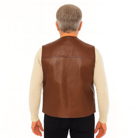 Men’s Handmade Brown Leather Vest – Western Cowboy Biker Waistcoat | Genuine Leather Sleeveless Jacket