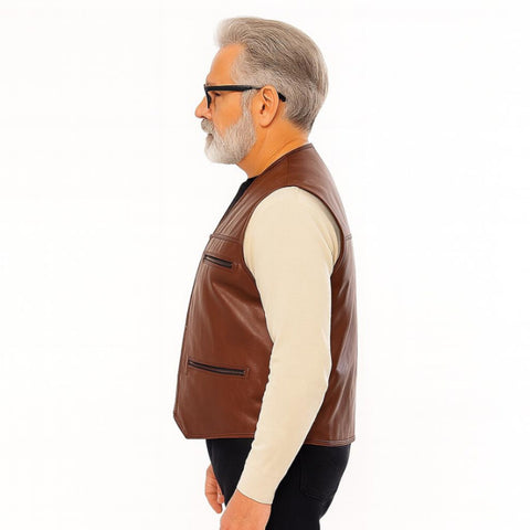 Men’s Handmade Brown Leather Vest – Western Cowboy Biker Waistcoat | Genuine Leather Sleeveless Jacket