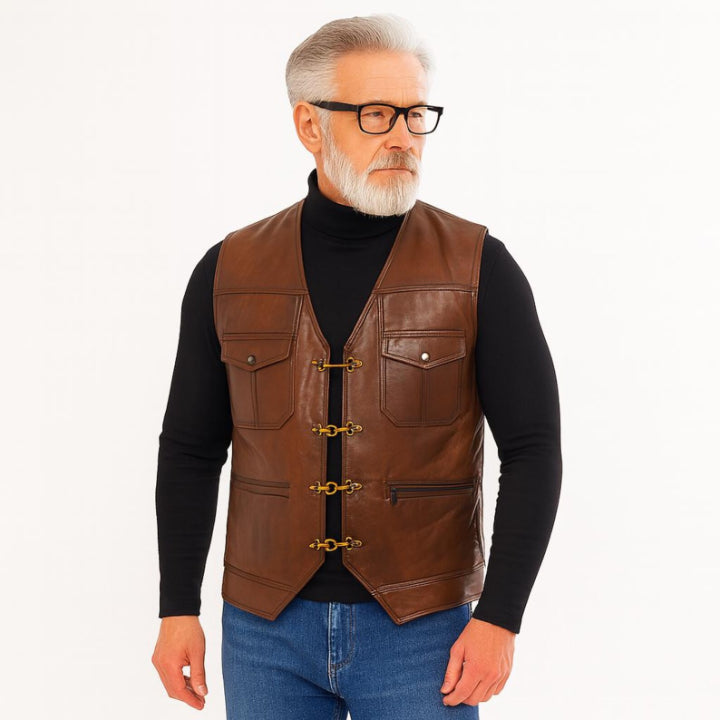 Handmade Brown Leather Biker Vest | Men’s Waistcoat | Durable Vintage Style Leather Vest for Men