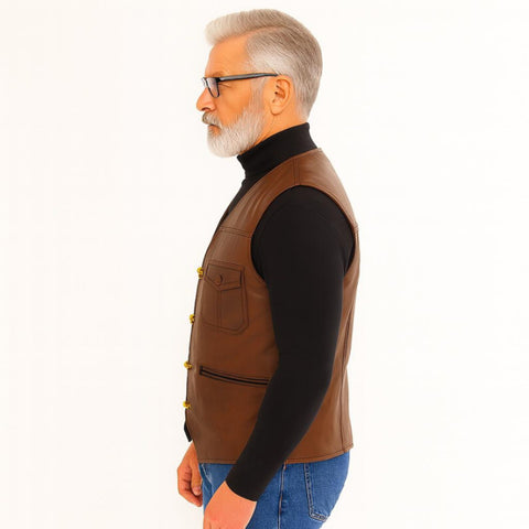 Handmade Brown Leather Biker Vest | Men’s Waistcoat | Durable Vintage Style Leather Vest for Men