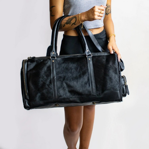 Black Cowhide Leather Duffle Bag All-Black Weekender Holdall