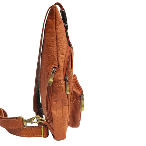 Trending Tan Brown Embossed Leather Crossbody Bag – Unisex Croc-Texture Sling Bag