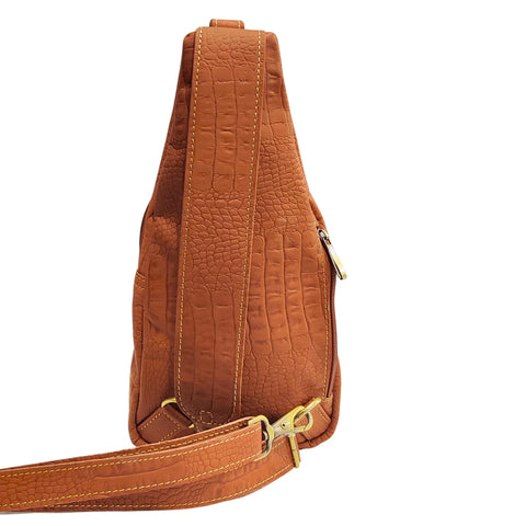 Trending Tan Brown Embossed Leather Crossbody Bag – Unisex Croc-Texture Sling Bag