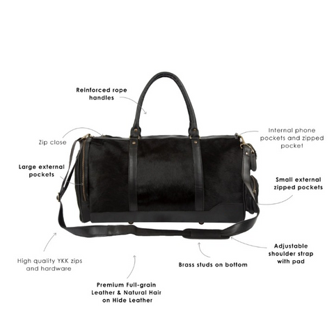 Black Cowhide Leather Duffle Bag All-Black Weekender Holdall
