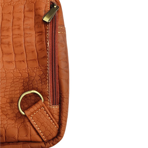 Trending Tan Brown Embossed Leather Crossbody Bag – Unisex Croc-Texture Sling Bag