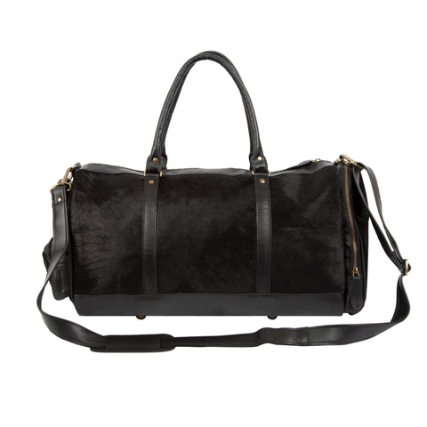 Black Cowhide Leather Duffle Bag All-Black Weekender Holdall