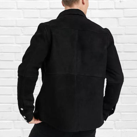 Men’s Black Suede Leather Shirt Jacket | Slim Fit Genuine Suede Outerwear | Button-Up Classic Minimal Streetwear Style