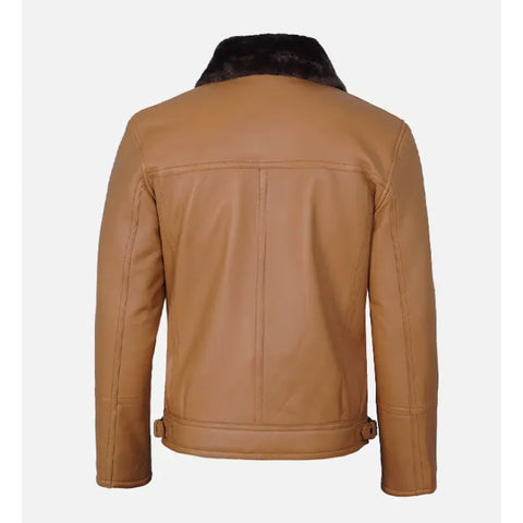 Men’s Tan Leather Shearling Jacket – Luxury Fur Lined Biker Winter Coat