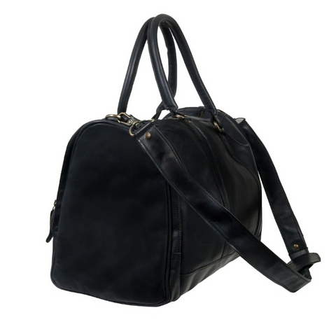 Men’s Black Full-Grain Leather Duffle Bag – Weekender Holdall