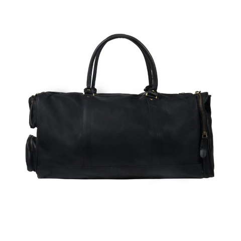 Men’s Black Full-Grain Leather Duffle Bag – Weekender Holdall