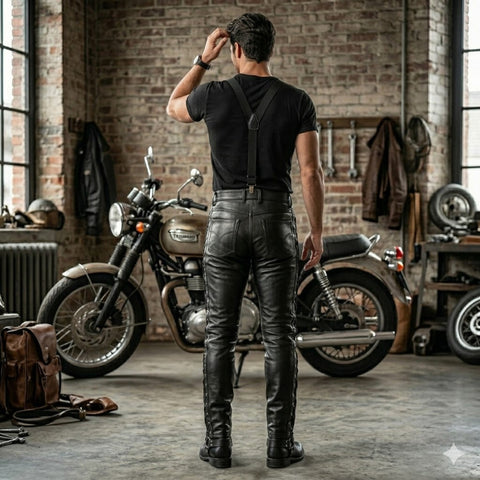 Men's Black Leather Motorcycle Lace-Up Trousers – Genuine Cowhide Biker Riding Pants