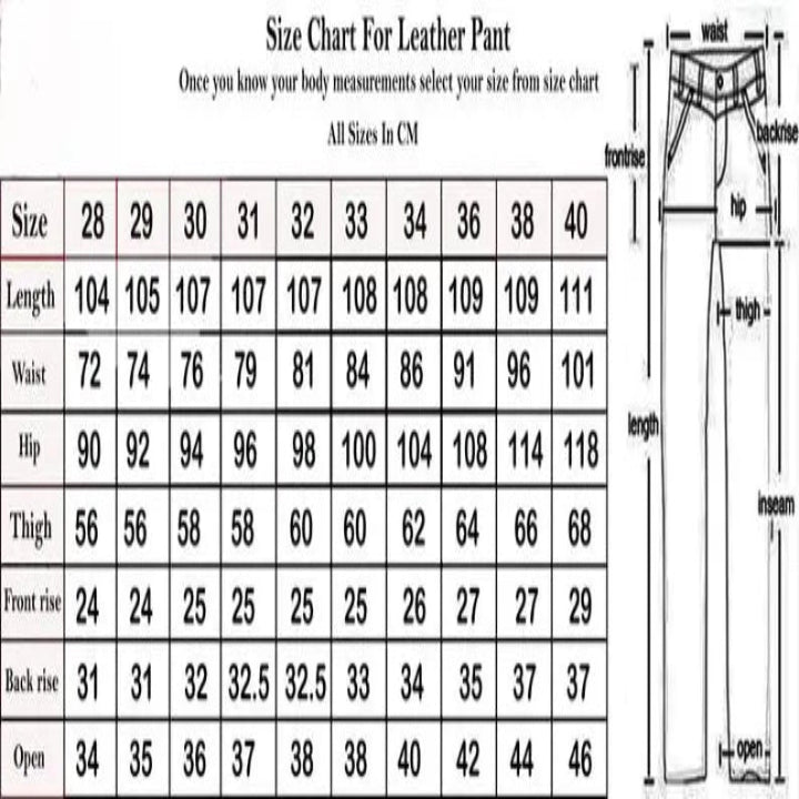 Leather pants size chart with measurements in centimeters and inches.