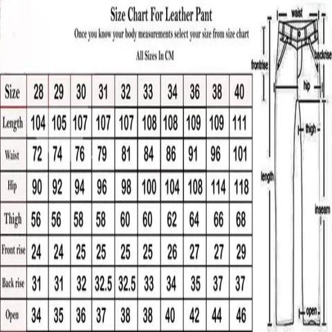 Leather pants size chart with measurements in centimeters and inches.