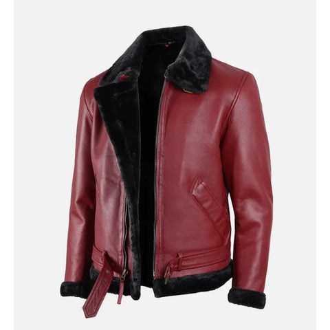 Men’s Red Leather Shearling Jacket – Luxury Fur Lined Aviator Winter Coat