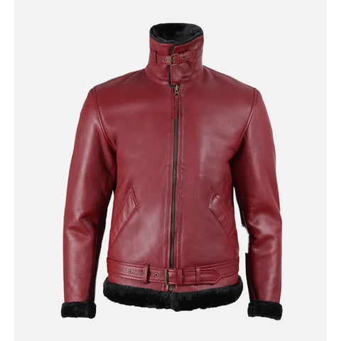 Men’s Red Leather Shearling Jacket – Luxury Fur Lined Aviator Winter Coat