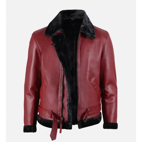 Men’s Red Leather Shearling Jacket – Luxury Fur Lined Aviator Winter Coat