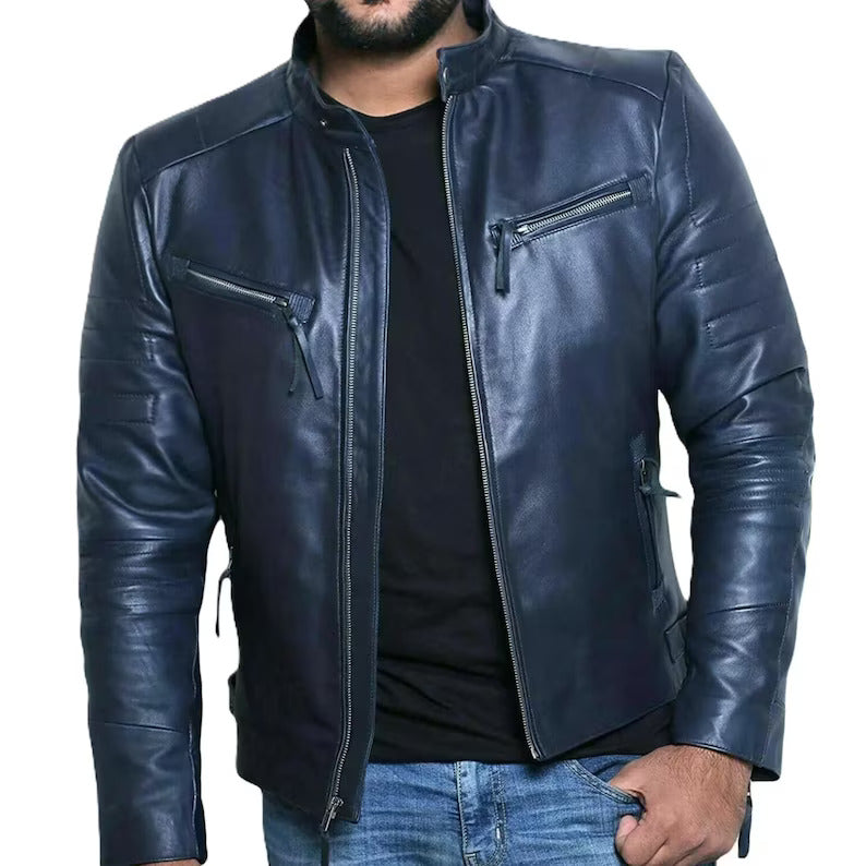 Men's Genuine Leather Navy Blue Biker Jacket Soft Genuine cowhide Jacket