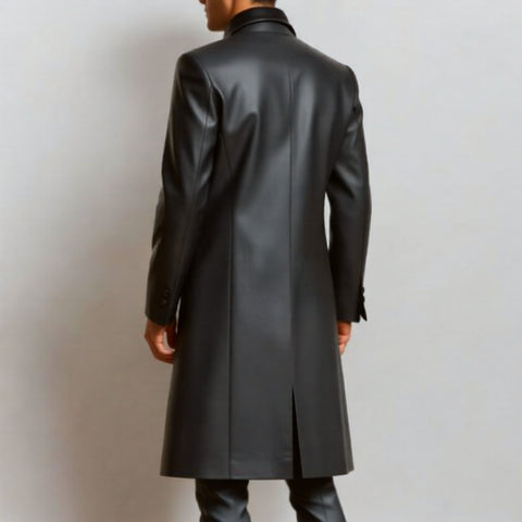 Men’s Black Leather Duster Trench Coat with Brown Faux Fur Trim