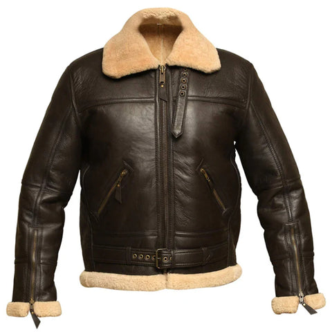 Men’s Dark Brown Leather Shearling Jacket – Premium Fur Lined Aviator Winter Coat