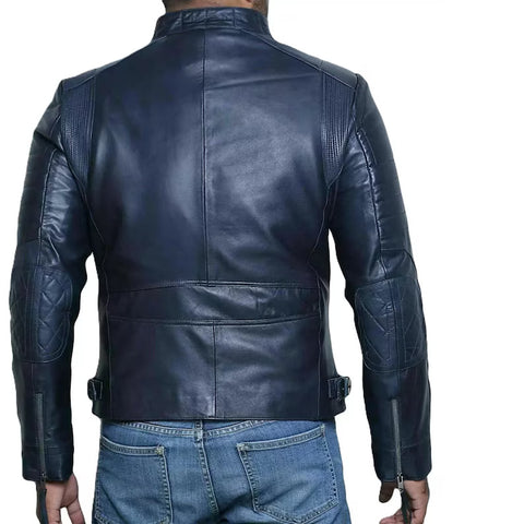 Men's Genuine Leather Navy Blue Biker Jacket Soft Genuine cowhide Jacket
