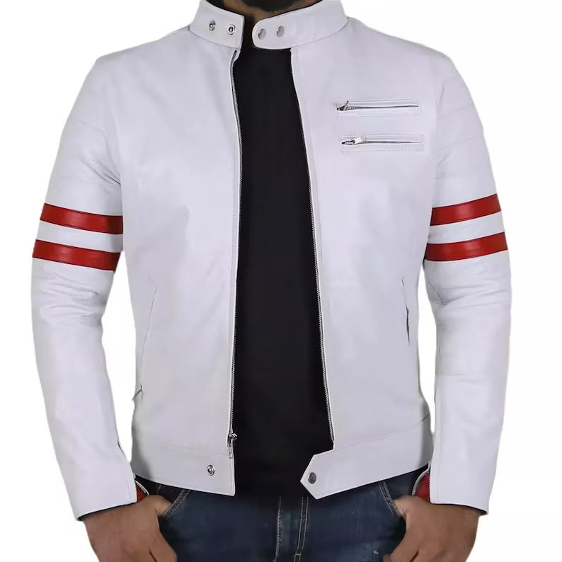 Men’s White Genuine Leather Biker Jacket with Red Stripes – Handmade Motorcycle Racing Style Coat