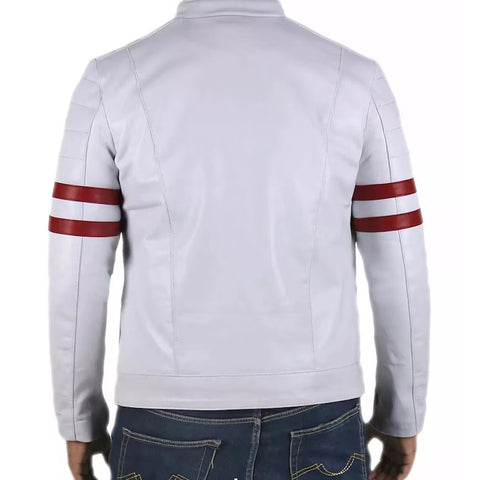 Men’s White Genuine Leather Biker Jacket with Red Stripes – Handmade Motorcycle Racing Style Coat