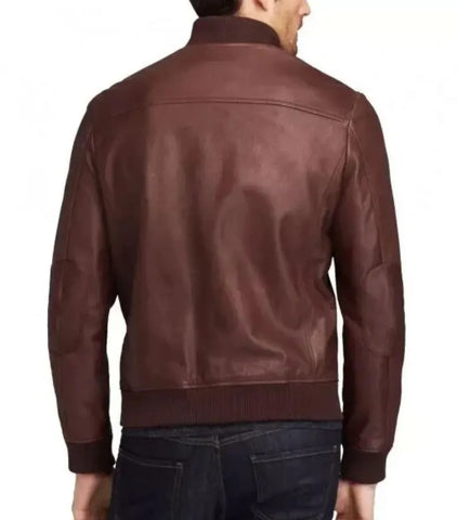 Men’s Brown Cowhide Leather Bomber Jacket – Genuine Leather Handmade Luxury Outerwear Gift for Him