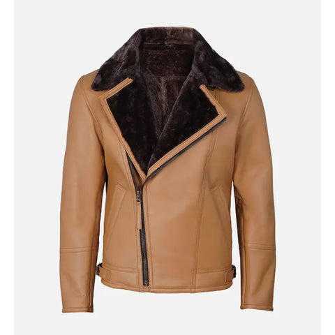 Men’s Tan Leather Shearling Jacket – Luxury Fur Lined Biker Winter Coat