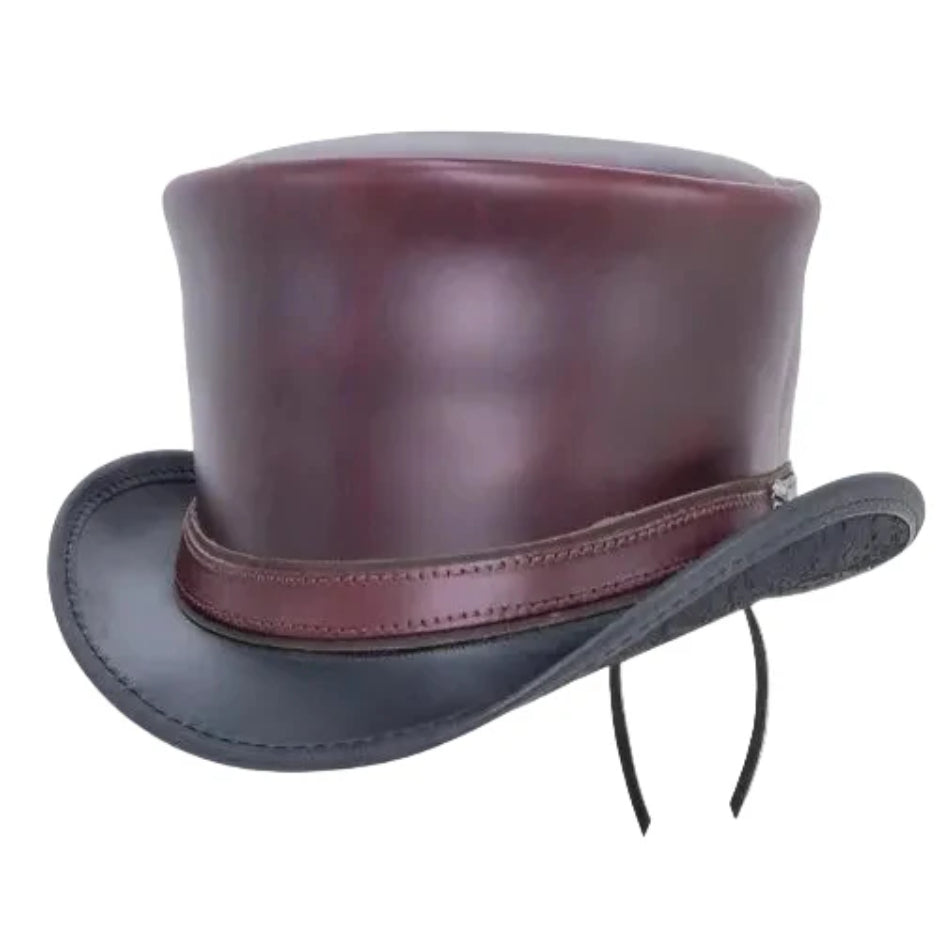 Maroon Black Leather Top Hat Steampunk Gothic Biker Handmade Cowhide Festival Cosplay Hat
