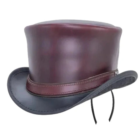 Maroon Black Leather Top Hat Steampunk Gothic Biker Handmade Cowhide Festival Cosplay Hat