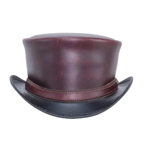 Maroon Black Leather Top Hat Steampunk Gothic Biker Handmade Cowhide Festival Cosplay Hat