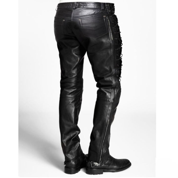 Men's Black Leather Laced Motorcycle Trousers with Braces & Side Lacing